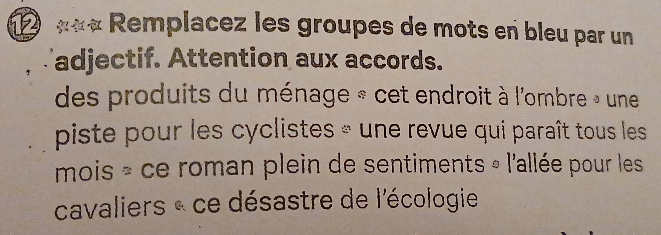 Remplacez les groupes de mots en bleu par un 
adjectif. Attention aux accords. 
des produits du ménage » cet endroit à l'ombre » une 
piste pour les cyclistes « une revue qui paraît tous les 
mois - ce roman plein de sentiments « l'allée pour les 
cavaliers « ce désastre de l'écologie