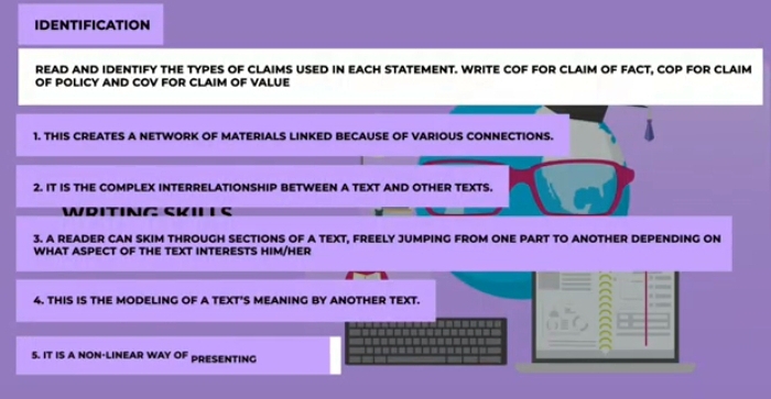 IDENTIFICATION 
READ AND IDENTIFY THE TYPES OF CLAIMS USED IN EACH STATEMENT. WRITE COF FOR CLAIM OF FACT, COP FOR CLAIM 
OF POLICY AND COV FOR CLAIM OF VALUE 
1. THIS CREATES A NETWORK OF MATERIALS LINKED BECAUSE OF VARIOUS CONNECTIONS. 
2. IT IS THE COMPLEX INTERRELATIONSHIP BETWEEN A TEXT AND OTHER TEXTS. 
WDITING SKII I 
3. A READER CAN SKIM THROUGH SECTIONS OF A TEXT, FREELY JUMPING FROM ONE PART TO ANOTHER DEPENDING ON 
WHAT ASPECT OF THE TEXT INTERESTS HIM/HER 
4. THIS IS THE MODELING OF A TEXT'S MEANING BY ANOTHER TEXT. 
S. IT IS A NON·LINEAR WAY OF PRESENTING