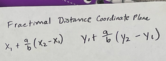 Fractional Distance Coordinate Plane
x_1+ a/b (x_2-x_1) y_1+ a/b (y_2-y_1)