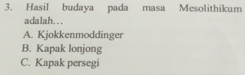 Hasil budaya pada masa Mesolithikum
adalah..
A. Kjokkenmoddinger
B. Kapak lonjong
C. Kapak persegi