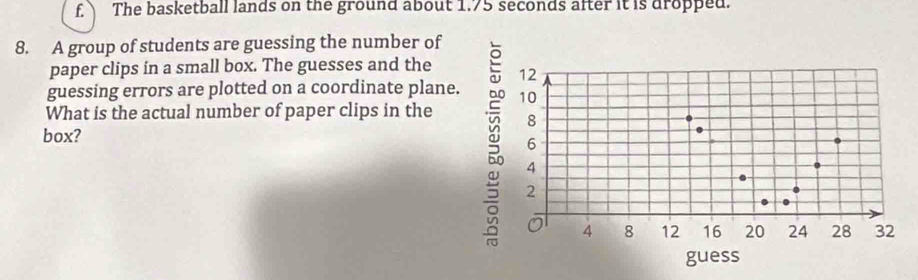 The basketball lands on the ground about 1.75 seconds after it is dropped. 
8. A group of students are guessing the number of 
paper clips in a small box. The guesses and the 
guessing errors are plotted on a coordinate plane 
What is the actual number of paper clips in the 
box?