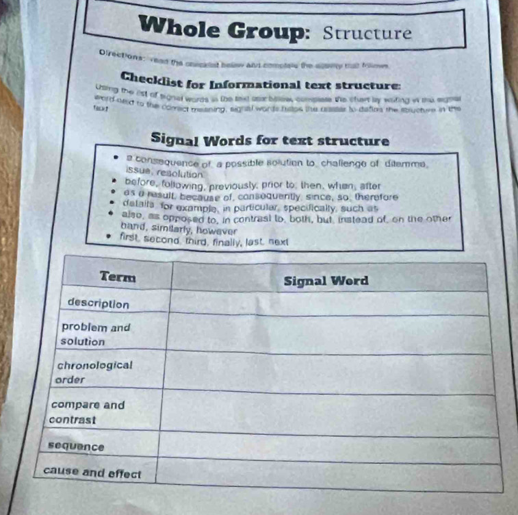 Whole Group: Structure
Directions: vead the cnvckst belew alus comotss the altey that foow
Checklist for Informational text structure:
Lsing the est of signal words in the text asx billew, complese the shart by witing w the eighe
word ded to the corect meaning, signal words hsps, the uessser to datins the sucture in the
Tecu t
Signal Words for text structure
a consequence of a possible solution to, challenge of ditemme.
issue, resolution
before, following, previously, prior to, then, when, after
as a result, because of, consoquently, since, so, therefore
details, for example, in particular, specifically, such as
also, as opposed to, in contrast to, both, but, instead of, on the other
band, similarly, however
first second third, finally, last, next