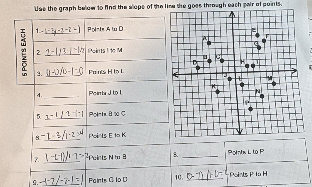 Use the graph below to find the slope of the line the goes through each pair of points. 
1. _Points A to D
2. _Points I to M
7 
: 
3. _Points H to L
4. _Points J to L
5. _Points B to C
6. _Points E to K
7. _Points N to B 8. _Points L to P
10. 
9. _Points G to D _Points P to H