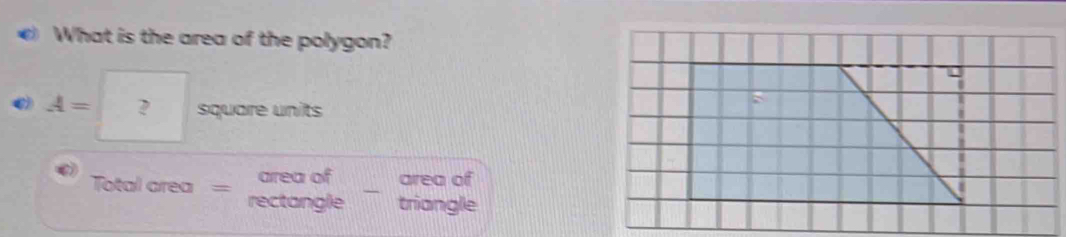 What is the area of the polygon?
A= ? square units 
area of area of 
Total area = rectangle triangle