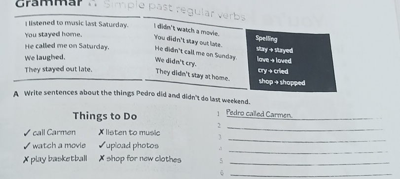 Grammar Simple past regular verbs 
I listened to music last Saturday. I didn't watch a movie. Spelling 
You stayed home. 
You didn't stay out late. 
stay → stayed 
He called me on Saturday. He didn't call me on Sunday. love → loved 
We laughed. 
We didn't cry. 
They stayed out late. cry → cried 
They didn't stay at home. shop → shopped 
A Write sentences about the things Pedro did and didn't do last weekend. 
Things to Do 
Pedro called Carmen._ 
_2 
call Carmen X listen to music 
_3 
watch a movie upload photos 
-1_ 
✗ play basketball X shop for new clothes 5_ 
_6