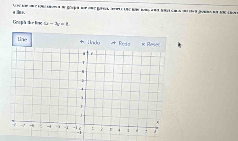 Use the line tool shown to graph the line given. Select the line tool, and then click on two points on the coor 
a line. 
Graph the line 4x-2y=8. 
Line Undo Redo ×