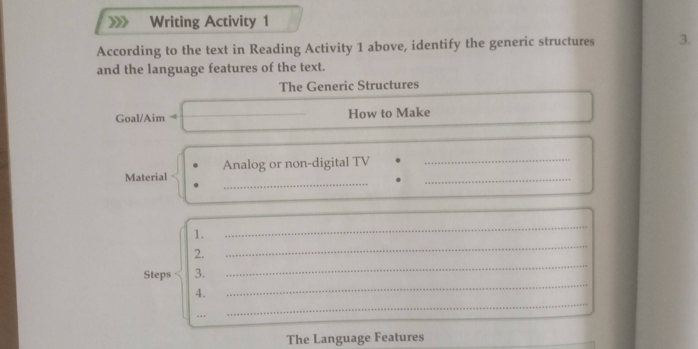 Writing Activity 1 
According to the text in Reading Activity 1 above, identify the generic structures 3. 
and the language features of the text. 
The Generic Structures 
Goal/Aim How to Make 
Analog or non-digital TV 
_ 
_ 
Material 
_ 
_ 
1. 
_ 
_ 
_ 
2. 
_ 
Steps 3. 
_ 
4. 
The Language Features