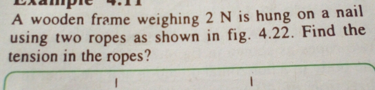 Exampre 
A wooden frame weighing 2 N is hung on a nail 
using two ropes as shown in fig. 4.22. Find the 
tension in the ropes?