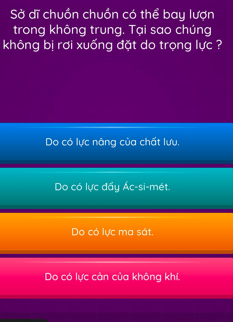 Sở dĩ chuồn chuồn có thể bay lượn
trong không trung. Tại sao chúng
không bị rơi xuống đặt do trọng lực ?
Do có lực nâng của chất lưu.
Do có lực đẩy Ác-si-mét.
Do có lực ma sát.
Do có lực cản của không khí.