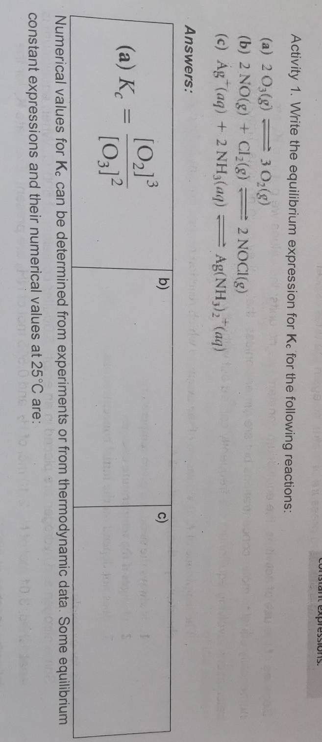 nstant expressions.
Activity 1. Write the equilibrium expression for K for the following reactions:
(a) 2O_3(g)leftharpoons 3O_2(g)
(b) 2NO(g)+Cl_2(g)leftharpoons 2NOCl(g)
(c) Ag^+(aq)+2NH_3(aq)leftharpoons Ag(NH_3)_2^(+(aq)
Answers:
Numerical values for K_c) can be determined from experiments or from thermodynamic data. Some equilibrium
constant expressions and their numerical values at 25°C are: