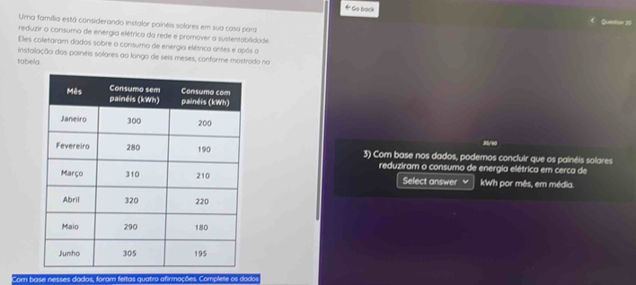 Go back 
Uma família está considerando instalar painéis solares em sua casa para 
reduzir o consumo de energia elétrica da rede e promover a sustentabilidade 
Eles coletaram dados sobre o consumo de energia elétrica antes e após o 
instalação dos painéis solares ao longo de seis meses, conforme mostrado nos 
tabella 
30/60 
3) Com base nos dados, podemos concluir que os painéis solares 
reduziram o consumo de energia elétrica em cerca de 
Select answer v kWh por mês, em média. 
Com base nesses dados, foram feitas quatro afirmações. Complete os dados