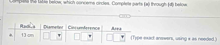 Complete the table below, which concerns circles. Complete parts (a) through (d) below. 
xact answers, using π as needed.)