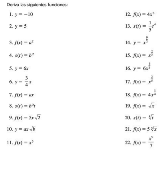 Deriva las siguientes funciones: 
1. y=-10 12, f(x)=4x^3
2. y=5 13. s(t)= 1/5 t^4
3. f(x)=a^2 14. y=x^(frac 9)2
4. s(t)=b^2 15. f(x)=x^(frac 4)3
5. y=6x 16. y=6x^(frac 3)2
6. y= 3/4 x 17. f(x)=x^(frac 2)5
7. f(x)=ax 18. f(x)=4x^(frac 1)4
8. s(t)=b^2t 19. f(x)=sqrt(x)
9. f(x)=5xsqrt(2) 20, s(t)=sqrt[4](t)
10. y=axsqrt(b) 21. f(x)=5sqrt[5](x)
11. f(x)=x^5 22. f(x)= x^5/7 