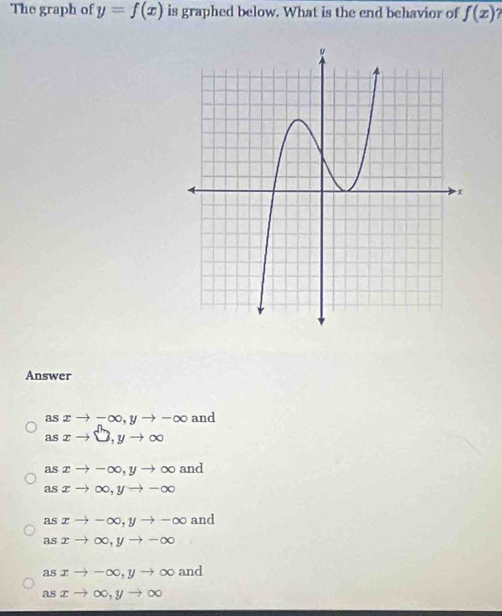 The graph of y=f(x) is graphed below. What is the end behavior of f(x)
Answer
asxto -∈fty , yto -∈fty and
asxto □ , yto ∈fty
asxto -∈fty , yto ∈fty and
asxto ∈fty , yto -∈fty
as xto -∈fty , yto -∈fty and
1c xto ∈fty , yto -∈fty
as xto -∈fty , yto ∈fty a nc
as xto ∈fty , yto ∈fty