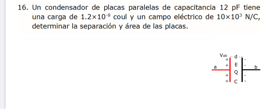 Un condensador de placas paralelas de capacitancia 12 pF tiene 
una carga de 1.2* 10^(-8) coul y un campo eléctrico de 10* 10^3N/C, 
determinar la separación y área de las placas. 
Vab d 
+ 
a + E b 
+ Q 
+ C