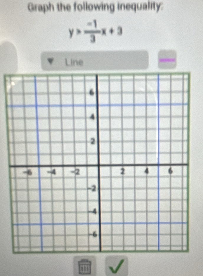 Graph the following inequality:
y> (-1)/3 x+3
Line 
''