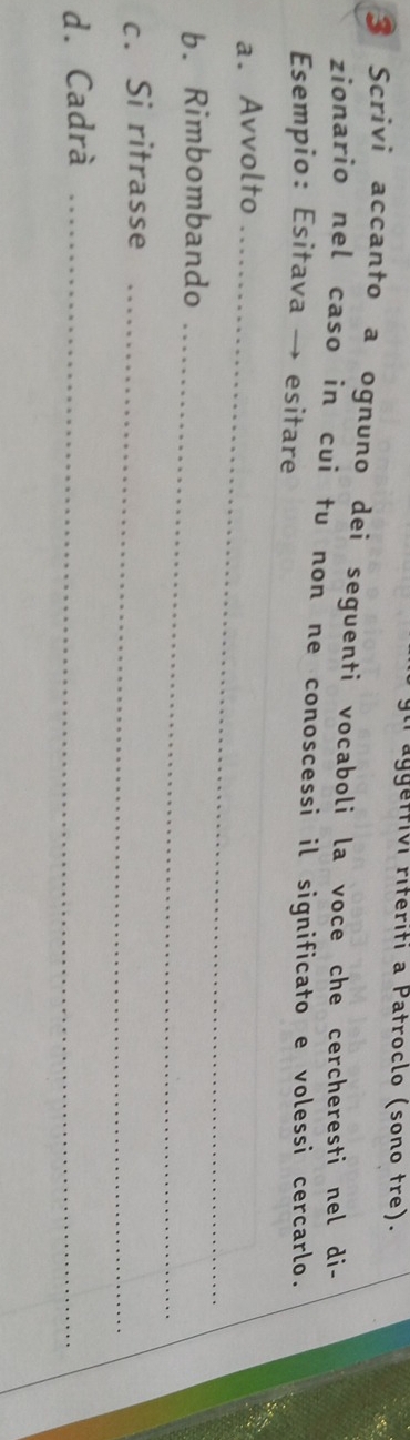 ggetfivi riteriti a Patroclo (sono tre). 
3 Scrivi accanto a ognuno dei seguenti vocaboli la voce che cercheresti nel di- 
zionario nel caso in cui tu non ne conoscessi il significato e volessi cercarlo. 
Esempio: Esitava → esitare 
a. Avvolto_ 
b. Rimbombando_ 
c. Si ritrasse_ 
d. Cadrà_
