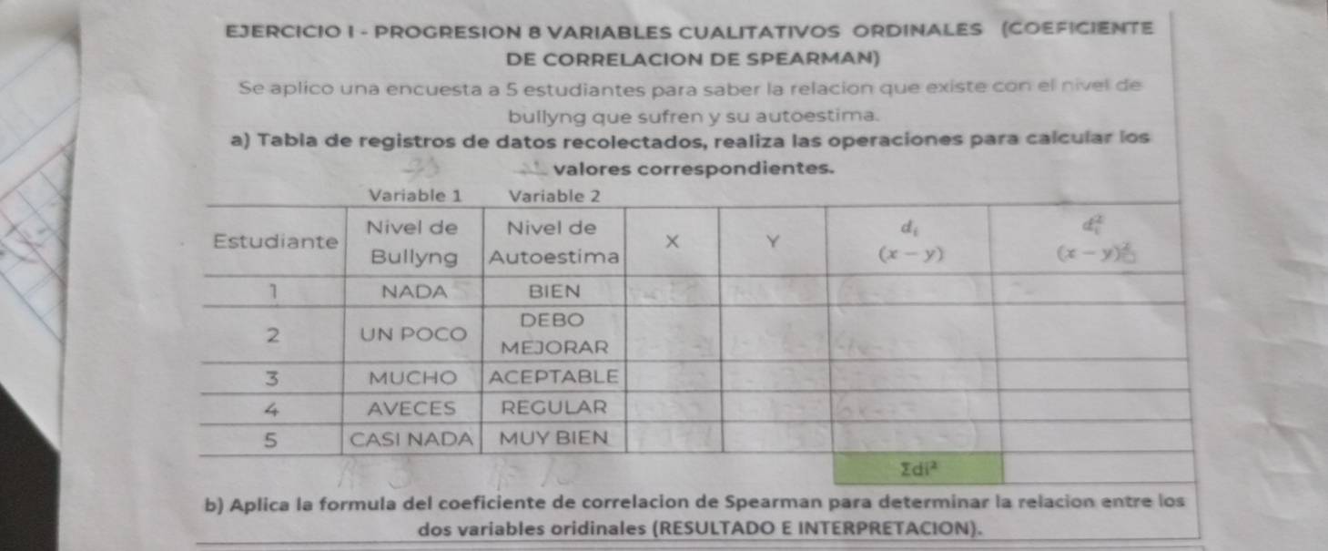 PROGRESION 8 VARIABLES CUALITATIVOS ORDINALES (COEFICIENTE
DE CORRELACION DE SPEARMAN)
Se aplico una encuesta a 5 estudiantes para saber la relacion que existe con el nível de
bullyng que sufren y su autoestima.
a) Tabla de registros de datos recolectados, realiza las operaciones para calcular los
valores correspondientes.
dos variables oridinales (RESULTADO E INTERPRETACION).