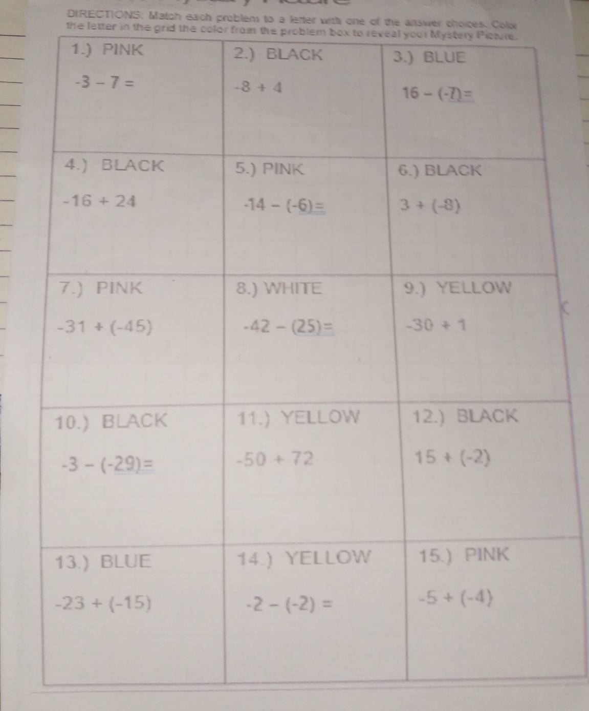 DIRECTIONS: Match each problem to a letter with one of the answer choices. Colo
the letter in the grid the color from the problem box to reveal your Mystery P