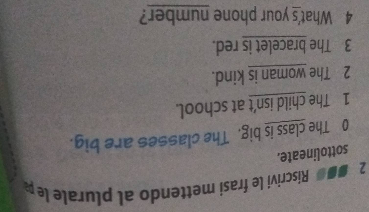 2 ■● Riscrivi le frasi mettendo al plurale lep 
sottolineate. 
0 The class is big. The classes are big. 
1 The child isn’t at school. 
2 The woman is kind. 
3 The bracelet is red. 
4 What's your phone number?