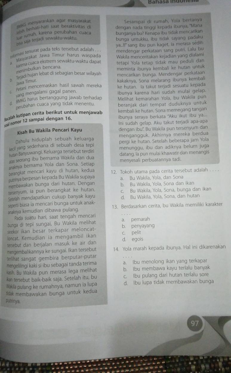 Bañasa Idone:
BMKG menyarankan agar masyarakat Sesampai di rumah, Yola bertanya
lebih berhati-hati saat beraktivitas di dengan nada tinggi kepada ibunya, "Mana
luar rumah, karena perubahan cuaca bunganya bu? Kenapa ibu tidak mencarikan
bisa saja terjadi sewaktu-waktu.
bunga untukku, ibu tidak sayang padaku
ya. 11°
informasi tersurat pada teks tersebut adalah . .. sang ibu pun kaget, ia merasa sedih
Masyarakat Jawa Timur harus waspada mendengar perkataan sang putri. Lalu bu
Wakila menceritakan kejadian yang dialami
karena cuaca ekstrem sewaktu-waktu dapat tetapi Yola tetap tidak mau peduli dan
menimbulkan bencana.
Terjadi hujan lebat di sebagian besar wilayah meminta ibunya kembali ke hutan untuk
mencarikan bunga. Mendengar perkataan
Jawa Timur.
kakaknya, Sona melarang ibunya kembali
Petani mencemaskan hasil sawah mereka ke hutan. la takut terjadi sesuatu kepada
yang mengalami gagal panen. ibunya karena hari sudah mulai gelap.
BMKG harus bertanggung jawab terhadap Melihat kemarahan Yola, bu Wakila pun
perubahan cuaca yang tidak menentu. beranjak dari tempat duduknya untuk
Bacalah kutipan cerita berikut untuk menjawab kembali ke hutan. Sona memegang tangan
soal nomor 12 sampai dengan 16.
ibunya seraya berkata “Aku ikut ibu ya....
Ini sudah gelap. Aku takut terjadi apa-apa
Kisah Bu Wakila Pencari Kayu dengan ibu''. Bu Wakila pun tersenyum dan
Dahulu hiduplah sebuah keluarga mengangguk. Akhirnya mereka berdua
kecil yang sederhana di sebuah desa tepi pergi ke hutan. Setelah beberapa jam Yola
hutan Banyuwangi, Keluarga tersebut terdiri menunggu, ibu dan adiknya belum juga
atas seorang ibu bernama Wakila dan dua datang, la pun mulai khawatir dan menangis
anaknya bernama Yola dan Sona. Setiap menyesali perbuatannya tadi.
berangkat mencari kayu di hutan, kedua 12. Tokoh utama pada cerita tersebut adalah . . . .
putrinya berpesan kepada Bu Wakila supaya a. Bu Wakila, Yola, dan Sona
membawakan bunga dari hutan. Dengan b. Bu Wakila, Yola, Sona dan ikan
tersenyum, ia pun berangkat ke hutan. c. Bu Wakila, Yola, Sona, bunga dan ikan
Setelah mendapatkan cukup banyak kayu d. Bu Wakila, Yola, Sona, dan hutan
seperti biasa ia mencari bunga untuk anak-
anaknya kemudian dibawa pulang. 13. Berdasarkan cerita, bu Wakila memiliki karakter
Pada suatu hari, saat tengah mencari
bunga di tepi sungai, Bu Wakila melihat a. pemarah
seekor ikan besar terkapar meloncat- b. penyayang
loncat. Kemudian ia mengambil ikan c. pelit
tersebut dan berjalan masuk ke air dan d. egois
mengembalikannya ke sungai. Ikan tersebut 14. Yola marah kepada ibunya. Hal ini dikarenakan
terlihat sangat gembira berputar-putar
mengelilingi kaki si ibu sebagai tanda terima a. Ibu menolong ikan yang terkapar
kasih. Bu Wakila pun merasa lega melihat b. Ibu membawa kayu terlalu banyak
ikan tersebut baik-baik saja. Setelah itu, bu c. Ibu pulang dari hutan terlalu sore
Wakila pulang ke rumahnya, namun ia lupa d. Ibu lupa tidak membawakan bunga
tidak membawakan bunga untuk kedua
putrinya.
97