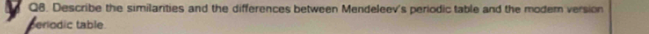 Describe the similarities and the differences between Mendeleev's periodic table and the modem version 
senodic table.