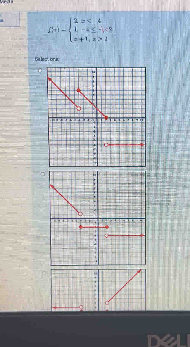 Instructions: For the given piecewise function, select the appro
f(x)=beginarrayl 2,x <2 x+1,x≥ 2endarray.
Select one: