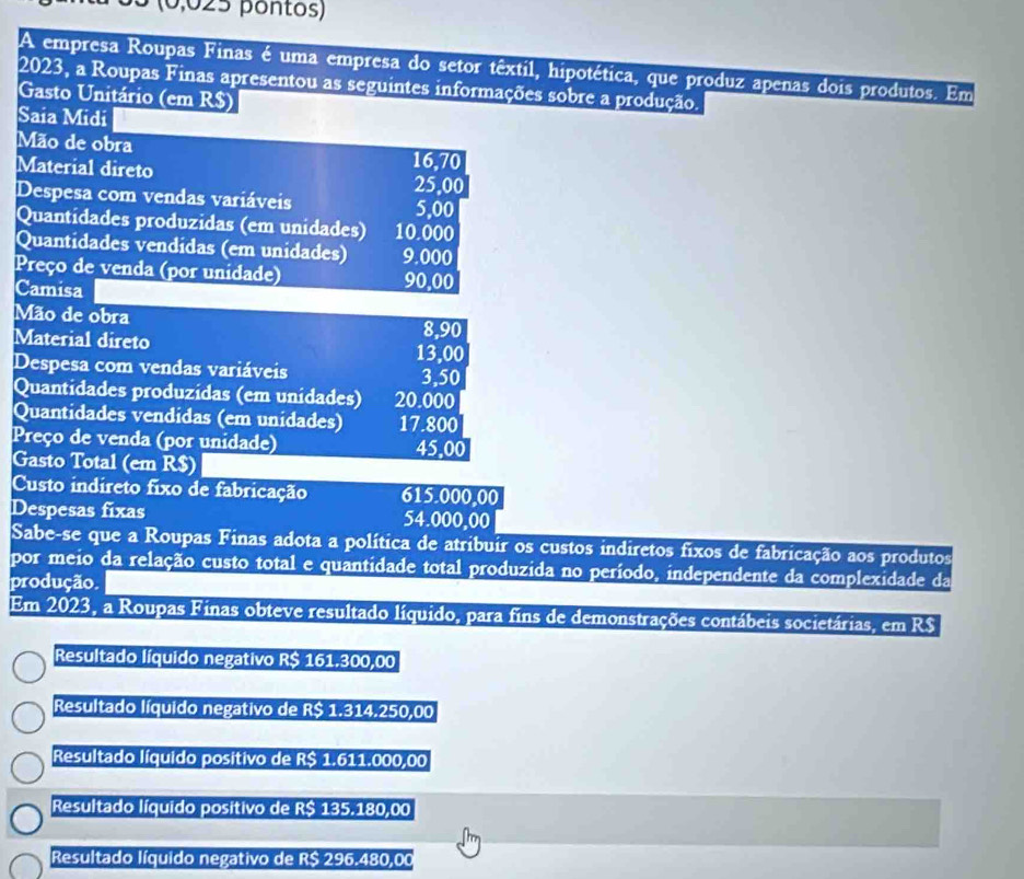 (0,025 pontos)
A empresa Roupas Finas é uma empresa do setor têxtil, hipotética, que produz apenas dois produtos. Em
2023, a Roupas Finas apresentou as seguintes informações sobre a produção.
Gasto Unitário (em R$)
Saia Midi
Mão de obra
Material direto 16,70
25,00
Despesa com vendas variáveis
5,00
Quantidades produzidas (em unidades) 10.000
Quantidades vendidas (em unidades) 9.000
Preço de venda (por unidade) 90.00
Camisa
Mão de obra
Material direto 8,90
13,00
Despesa com vendas variáveis 3.50
Quantidades produzidas (em unidades) 20.000
Quantidades vendidas (em unidades) 17.800
Preço de venda (por unidade) 45,00
Gasto Total (em R$)
Custo indireto fixo de fabricação 615.000.00
Despesas fixas 54.000,00
Sabe-se que a Roupas Finas adota a política de atribuir os custos indiretos fixos de fabricação aos produtos
por meio da relação custo total e quantidade total produzida no período, independente da complexidade da
produção.
Em 2023, a Roupas Finas obteve resultado líquido, para fins de demonstrações contábeis societárias, em R$
Resultado líquido negativo R$ 161,300,00
Resultado líquido negativo de R$ 1.314.250,00
Resultado líquido posítivo de R$ 1.611.000,00
Resultado líquido positivo de R$ 135.180,00
Resultado líquido negativo de R$ 296.480,00