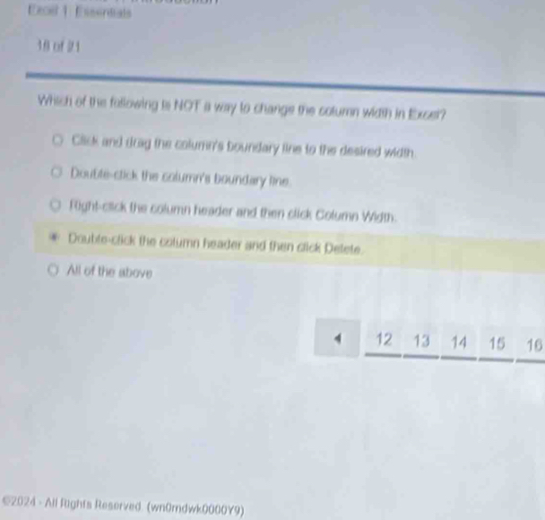 Excil 1 : Essentials
38 of 21
Which of the fallowing is NOT a way to change the column width in Excel?
Click and drag the column's boundary line to the desired width.
Doubte-ctick the column's boundary line.
Right-click the column header and then click Column Width.
Double-click the column header and then click Delete.
All of the above
1 12 13 14 15 16
©2024 - All Rights Reserved. (wnOrdwk0000Y9)