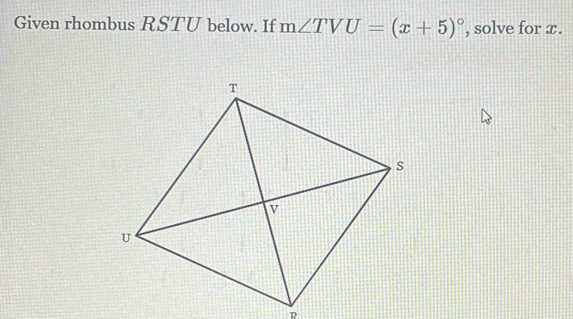 Given rhombus RSTU below. If m∠ TVU=(x+5)^circ  , solve for x.