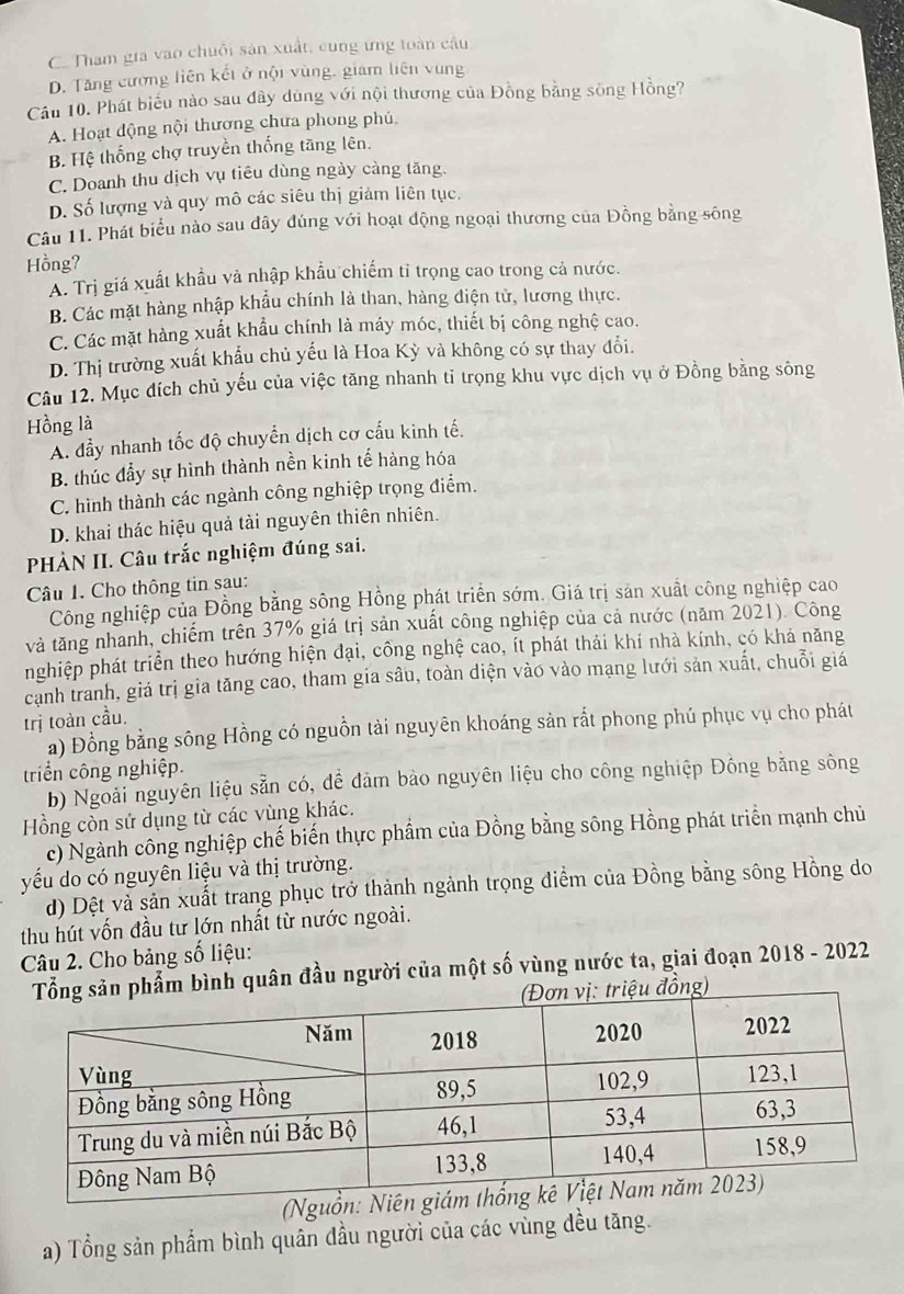 C.  Tham gia vao chuỗi sản xuất, cung ứng toàn cầu
D. Tăng cường liên kết ở nội vùng, giam liên vùng
Câu 10. Phát biểu nào sau đây dùng với nội thương của Đồng bằng sông Hồng?
A. Hoạt động nội thương chưa phong phú.
B. Hệ thống chợ truyền thống tăng lên.
C. Doanh thu dịch vụ tiêu dùng ngày càng tăng.
D. Số lượng và quy mô các siêu thị giảm liên tục.
Câu 11. Phát biểu nào sau đây đúng với hoạt động ngoại thương của Đồng bằng sông
Hồng?
A. Trị giá xuất khẩu và nhập khẩu chiếm tỉ trọng cao trong cả nước.
B. Các mặt hàng nhập khẩu chính là than, hàng điện tử, lương thực.
C. Các mặt hàng xuất khẩu chính là máy móc, thiết bị công nghệ cao.
D. Thị trường xuất khẩu chủ yếu là Hoa Kỳ và không có sự thay đổi.
Câu 12. Mục đích chủ yếu của việc tăng nhanh tỉ trọng khu vực dịch vụ ở Đồng bằng sông
Hồng là
A. đẩy nhanh tốc độ chuyển dịch cơ cấu kinh tế.
B. thúc đẫy sự hình thành nền kinh tế hàng hóa
C. hình thành các ngành công nghiệp trọng điểm.
D. khai thác hiệu quả tải nguyên thiên nhiên.
PHÀN II. Câu trắc nghiệm đúng sai.
Câu 1. Cho thông tin sau:
Công nghiệp của Đồng bằng sông Hồng phát triển sớm. Giá trị sản xuất công nghiệp cao
và tăng nhanh, chiếm trên 37% giá trị sản xuất công nghiệp của cả nước (năm 2021). Công
nghiệp phát triển theo hướng hiện đại, công nghệ cao, ít phát thải khí nhà kính, có khả năng
cảnh tranh, giá trị gia tăng cao, tham gia sâu, toàn diện vào vào mạng lưới sản xuất, chuỗi giá
trị toàn cầu.
a) Đồng bằng sông Hồng có nguồn tải nguyên khoáng sản rắt phong phú phục vụ cho phát
triển công nghiệp.
b) Ngoài nguyên liệu sẵn có, để đâm bảo nguyên liệu cho công nghiệp Đồng bằng sông
Hồng còn sử dụng từ các vùng khác.
c) Ngành công nghiệp chế biến thực phẩm của Đồng bằng sông Hồng phát triển mạnh chủ
yếu do có nguyên liệu và thị trường.
d) Dệt và sản xuất trang phục trở thành ngành trọng điểm của Đồng bằng sông Hồng do
thu hút vốn đầu tư lớn nhất từ nước ngoài.
Câu 2. Cho bảng số liệu:
ản phẩm bình quân đầu người của một số vùng nước ta, giai đoạn 2018 - 2022
iệu đồng)
(Ng
a) Tổng sản phẩm bình quân đầu người của các vùng đều tăng.