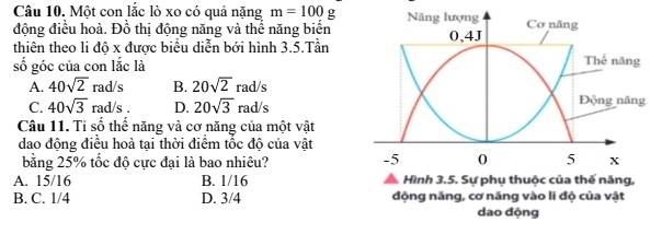 Một con lắc lò xo có quả nặng m=100g Năng lượng Cơ năng
động điều hoà. Đồ thị động năng và thế năng biển 0,4J
thiên theo li độ x được biểu diễn bới hình 3.5.Tần Thể năng
số góc của con lắc là
A. 40sqrt(2)rad/s B. 20sqrt(2) r ad/s
C. 40sqrt(3)rad/s. D. 20sqrt(3) rad/s Động năng
Câu 11. Tỉ số thể năng và cơ năng của một vật
dao động điều hoả tại thời điểm tốc độ của vật
bằng 25% tốc độ cực đại là bao nhiêu? -5 0 5 x
A. 15/16 B. 1/16 Hình 3.5. Sự phụ thuộc của thế năng,
B. C. 1/4 D. 3/4 động năng, cơ năng vào li độ của vật
dao động