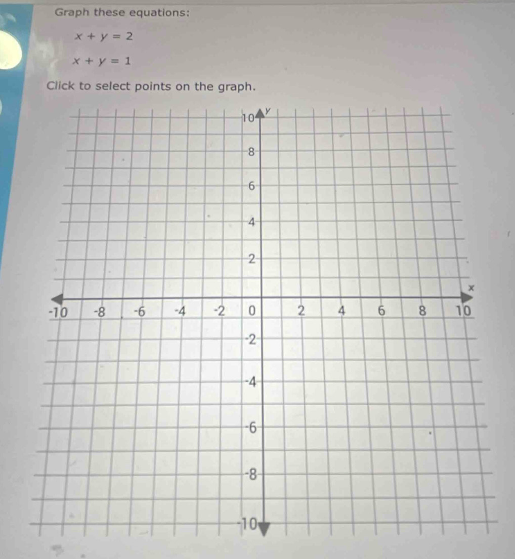 Graph these equations:
x+y=2
x+y=1
Click to select points on the graph.