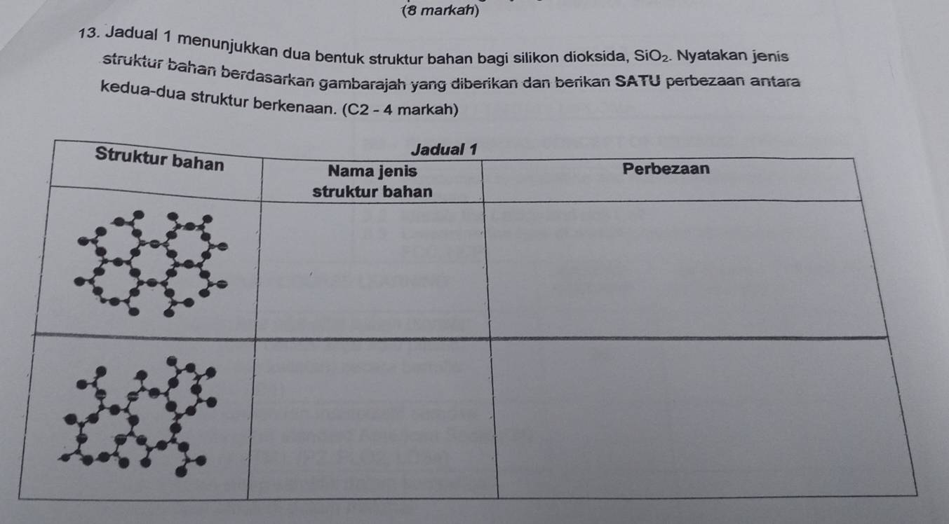 (8 markah) 
13. Jadual 1 menunjukkan dua bentuk struktur bahan bagi silikon dioksida, SiO_2. Nyatakan jenis 
struktur bahan berdasarkan gambarajah yang diberikan dan berikan SATU perbezaan antara 
kedua-dua struktur berkenaan. (C2 - 4 markah)