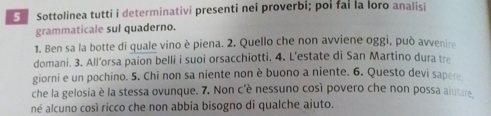 Sottolinea tutti i determinativi presenti nei proverbi; poi fai la loro analisi 
grammaticale sul quaderno. 
1. Ben sa la botte di quale vino è piena. 2. Quello che non avviene oggi, può avvenire 
domani. 3. All’orsa paion belli i suoi orsacchiotti. 4. L’estate di San Martino dura tre 
giorni e un pochino. 5. Chi non sa niente non è buono a niente. 6. Questo devi sapere 
che la gelosia è la stessa ovunque. 7. Non c'è nessuno così povero che non possa aiutare, 
né alcuno così ricco che non abbia bisogno di qualche aiuto.