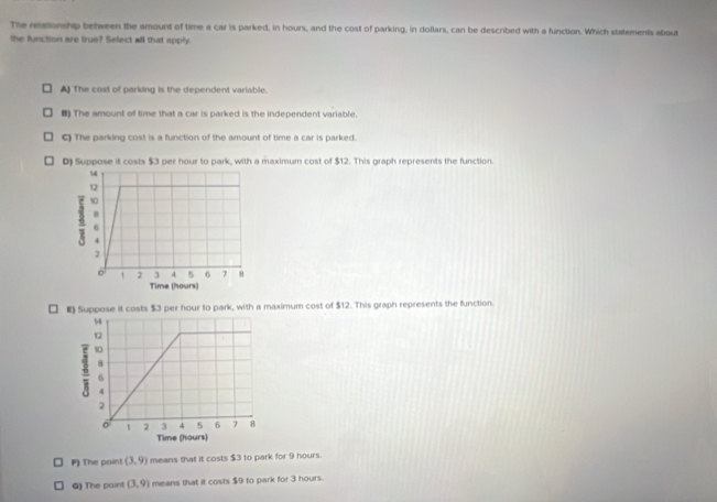 The retationship between the amount of time a car is parked, in hours, and the cost of parking, in dollars, can be described with a function. Which statements about
the function are true? Select all that apply.
A) The cost of parking is the dependent variable.
8) The amount of time that a car is parked is the independent variable.
C The parking cost is a function of the amount of time a car is parked.
D) Suppose it costs $3 per hour to park, with a maximum cost of $12. This graph represents the function.
imum cost of $12. This graph represents the function.
F) The point (3,9) means that it costs $3 to park for 9 hours.
G) The paint (3,9) means that it costs $9 to park for 3 hours.