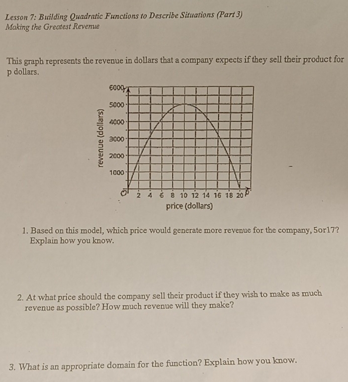 Lesson 7: Building Quadratic Functions to Describe Situations (Part 3) 
Making the Greatest Revenue 
This graph represents the revenue in dollars that a company expects if they sell their product for
p dollars. 
price (dollars) 
1. Based on this model, which price would generate more revenue for the company, 50r17? 
Explain how you know. 
2. At what price should the company sell their product if they wish to make as much 
revenue as possible? How much revenue will they make? 
3. What is an appropriate domain for the function? Explain how you know.