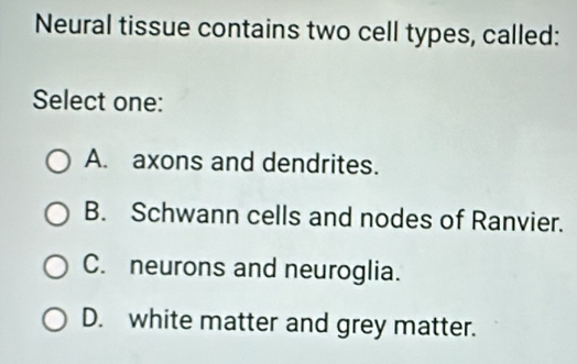 Neural tissue contains two cell types, called:
Select one:
A. axons and dendrites.
B. Schwann cells and nodes of Ranvier.
C. neurons and neuroglia.
D. white matter and grey matter.