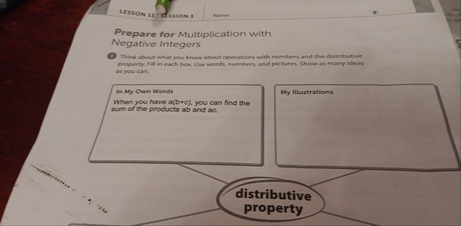 LESSON 11 | SESSION 1 Name: 
Prepare for Multiplication with 
Negative Integers 
Think about what you know about operations with numbers and the distributive 
property. Fill in each box. Use words, numbers, and pictures. Show as many ideas 
as you can. 
In My Own Words My Illustrations 
When you have a(b+c) , you can find the 
sum of the products ab and ac. 
distributive 
property