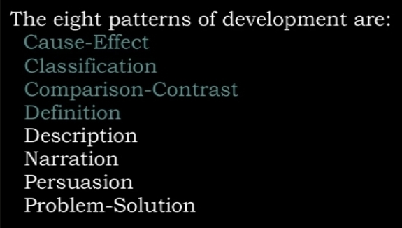 The eight patterns of development are:
Cause-Effect
Classification
Comparison-Contrast
Definition
Description
Narration
Persuasion
Problem-Solution