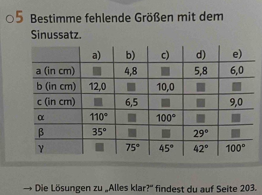 Bestimme fehlende Größen mit dem
Sinussatz.
Die Lösungen zu „Alles klar?” findest du auf Seite 203.