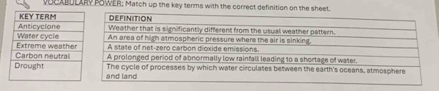 VOCABULARY POWER: Match up the key terms with the correct definition on the sheet.