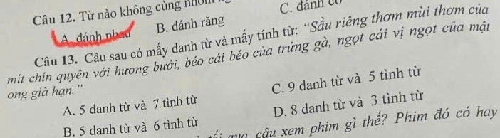 Từ nào không cùng nhóm C. đánh có
A. đánh nhau B. đánh răng
Câu 13. Câu sau có mấy danh từ và mấy tính từ: ''Sầu riêng thơm mùi thơm của
mit chin quyện với hương bưởi, béo cái béo của trứng gà, ngọt cái vị ngọt của mật
A. 5 danh từ và 7 tình từ C. 9 danh từ và 5 tình từ
ong già hạn. ''
B. 5 danh từ và 6 tình từ D. 8 danh từ và 3 tình từ
qua cậu xem phim gì thế? Phim đó có hay