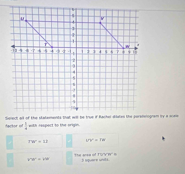 factor of  1/4  with respect to the origin.
T'W'=12
U'V'=TW
The area of T'U'V'W' is
V'W'=VW
3 square units.