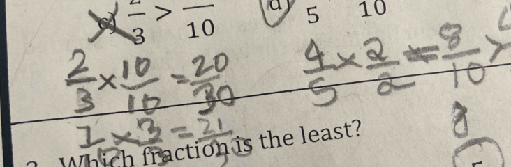  2/3 >frac 10 a 5 10
Which fraction is the least?