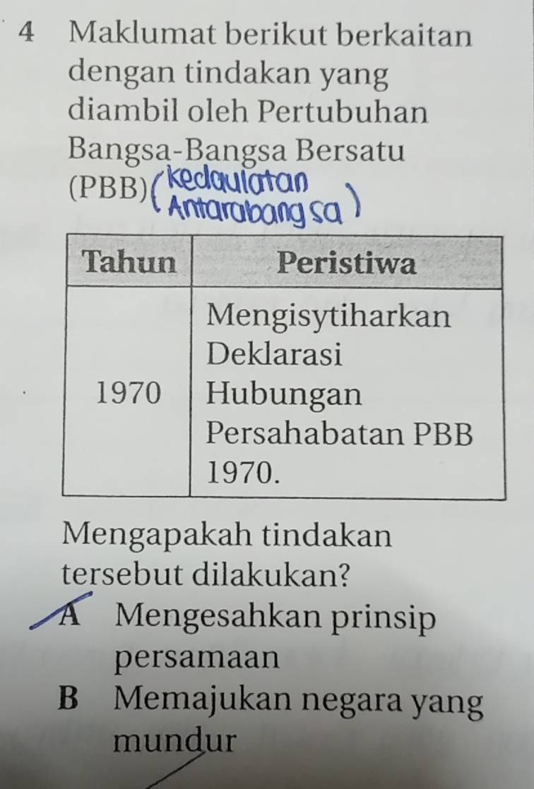 Maklumat berikut berkaitan
dengan tindakan yang
diambil oleh Pertubuhan
Bangsa-Bangsa Bersatu
(PBB)
Mengapakah tindakan
tersebut dilakukan?
A Mengesahkan prinsip
persamaan
B Memajukan negara yang
mundur