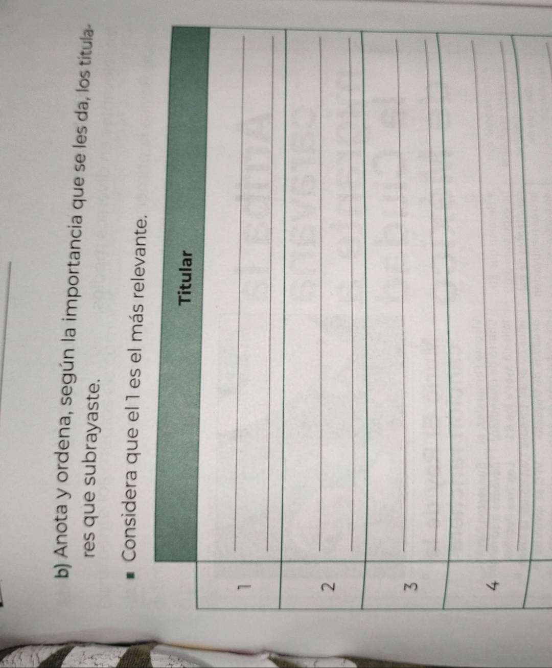Anota y ordena, según la importancia que se les da, los títula- 
res que subrayaste. 
Considera que el 1 es el má