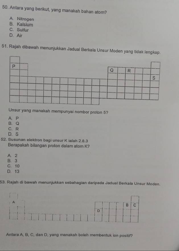 Antara yang berikut, yang manakah bahan atom?
A. Nitrogen
B. Kalsium
C. Sulfur
D. Air
51. Rajah dibawah menunjukkan Jadual Berkala Unsur Moden yang tidak lengkap.
Unsur yang manakah mempunyai nombor proton 5?
A. P
B. Q
C. R
D. S
52. Susunan elektron bagi unsur K ialah 2.8.3
Berapakah bilangan proton dalam atom K?
A. 2
B. 3
C. 10
D. 13
53. Rajah di bawah menunjukkan sebahagian daripada Jadual Berkala Unsur Moden.
Antara A, B, C, dan D, yang manakah boleh membentuk ion positif?