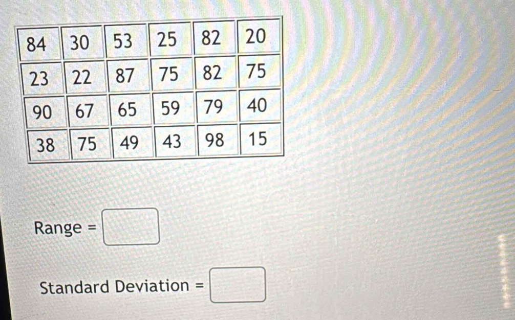 Range =□
Standard Deviation =□