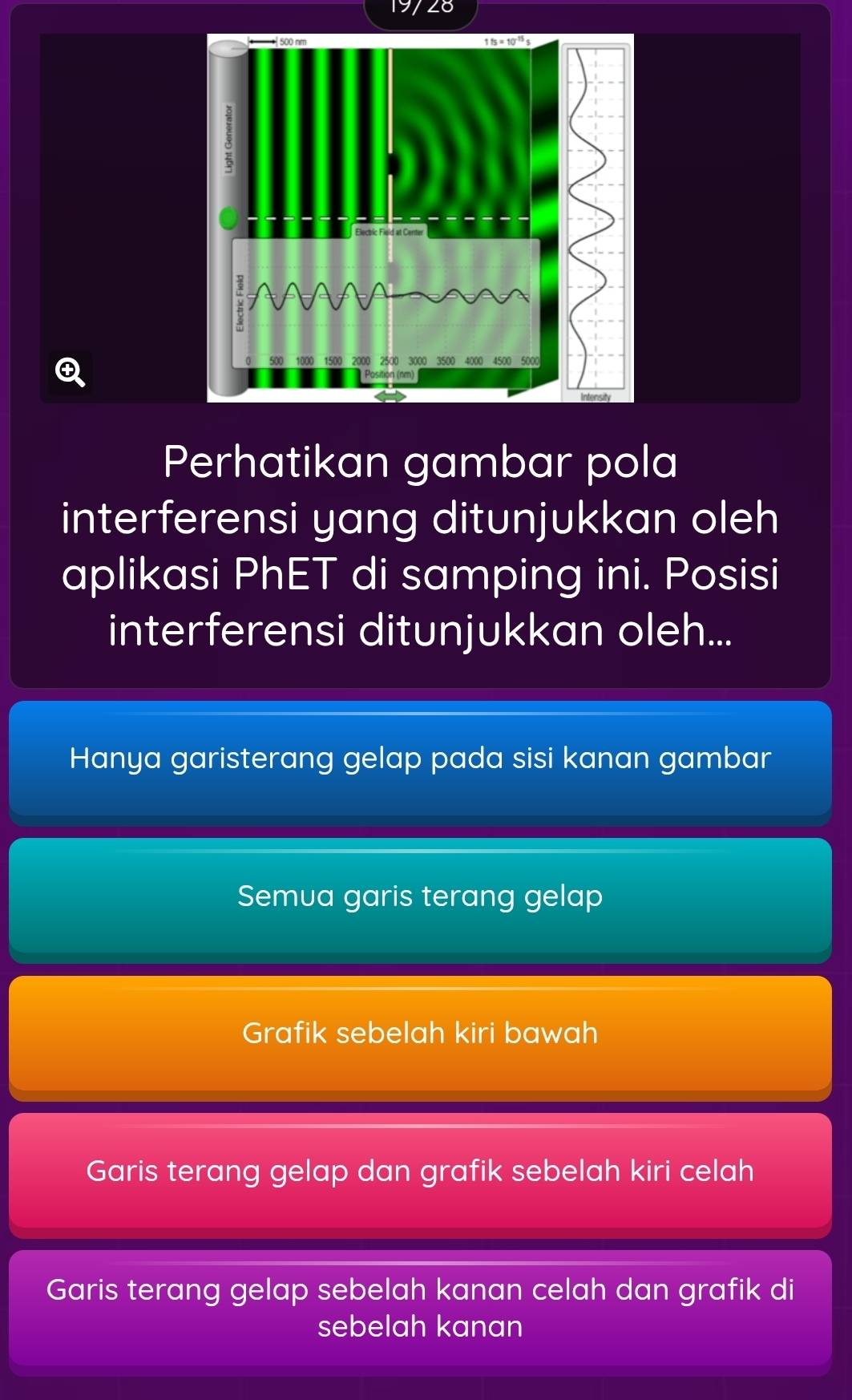 19728

Perhatikan gambar pola
interferensi yang ditunjukkan oleh
aplikasi PhET di samping ini. Posisi
interferensi ditunjukkan oleh...
Hanya garisterang gelap pada sisi kanan gambar
Semua garis terang gelap
Grafik sebelah kiri bawah
Garis terang gelap dan grafik sebelah kiri celah
Garis terang gelap sebelah kanan celah dan grafik di
sebelah kanan